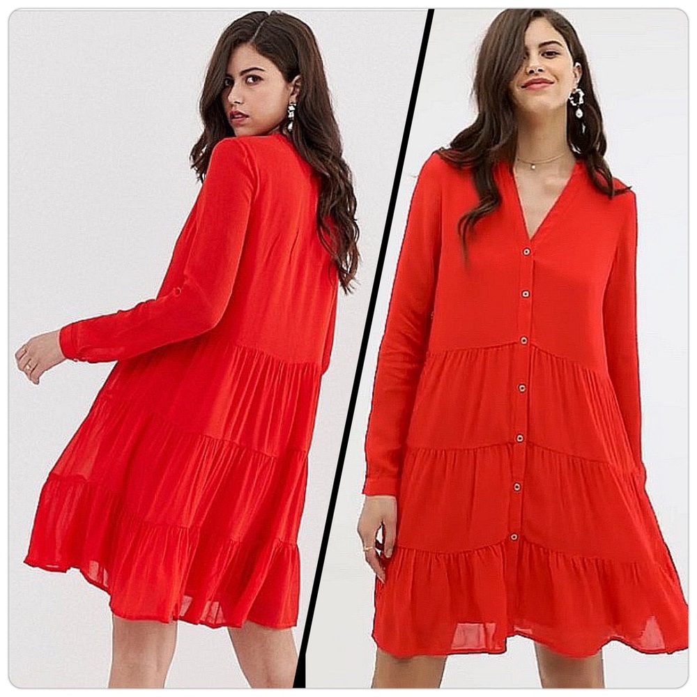 Lined Y.A.S (ASOS) Gold Button Down Tiered Detail Red Dress